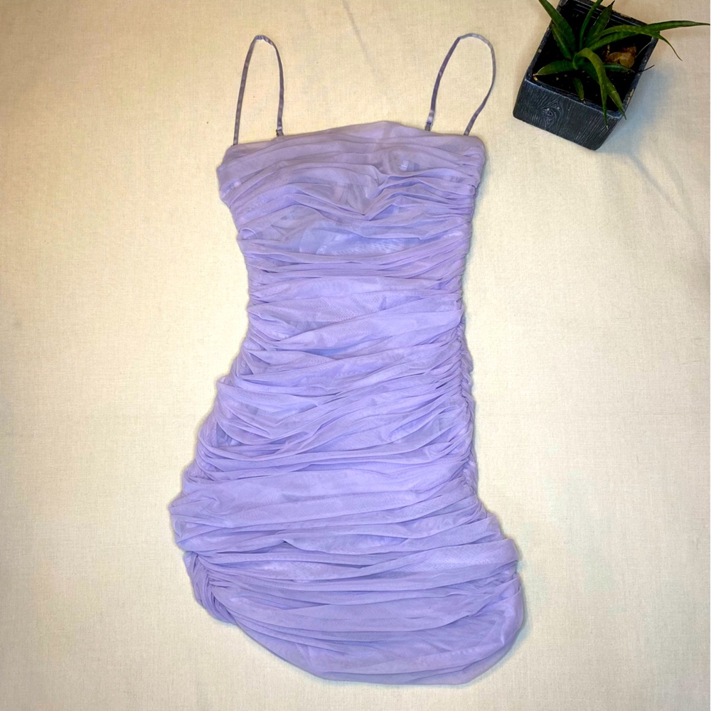 House of CB Pastel Purple Lavender Lilac Ella Ruched Bodycon Mini Dress Small